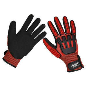 A pair of Sealey Cut & Impact Resistant Gloves - Large (SSP38L) featuring a red and black design with reinforced knuckles and padded palms. Enhanced with an anti-slip coating, these gloves also include adjustable wrist straps and display the "Sealey" brand label on one glove.