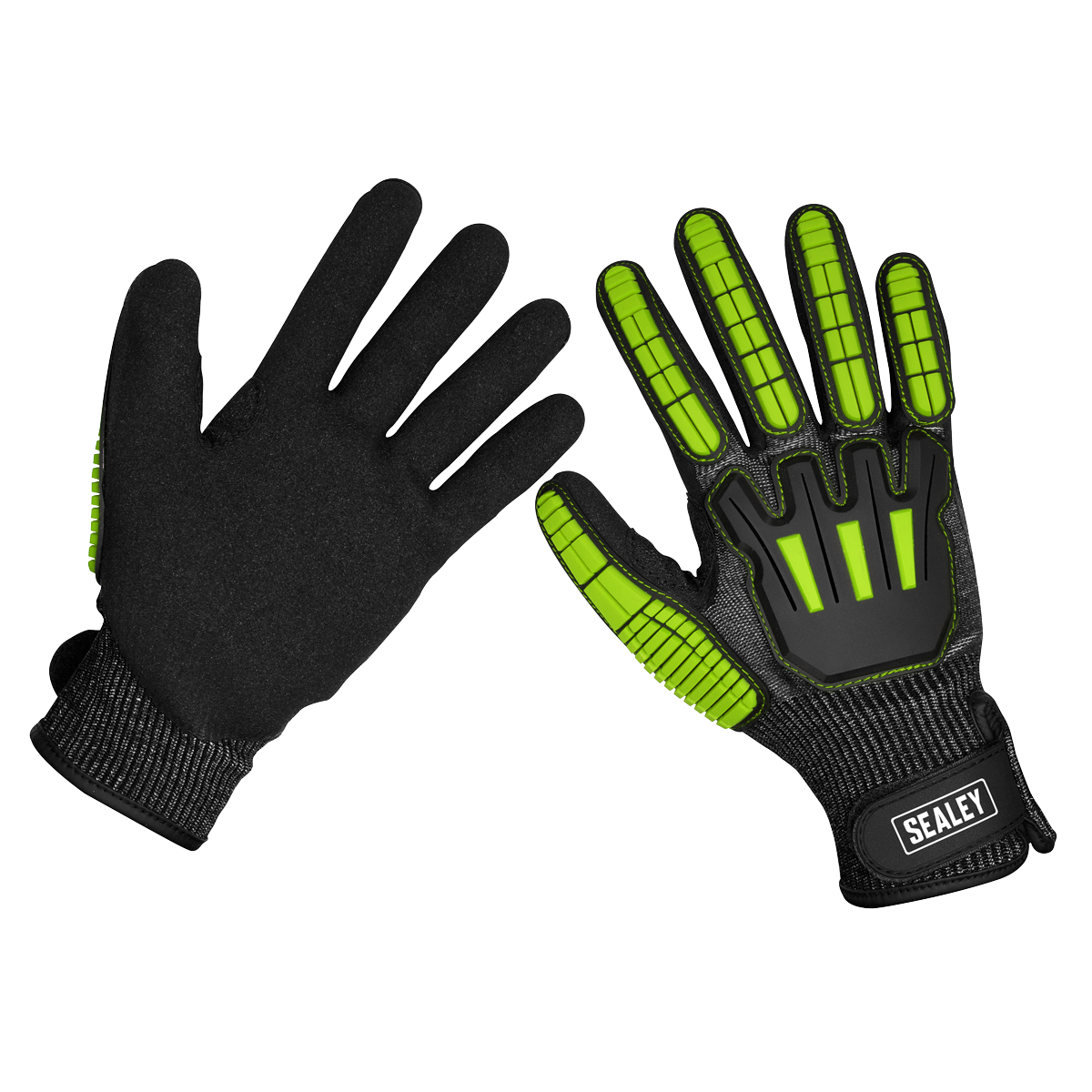 A pair of Sealey Cut & Impact Resistant Gloves (SSP39XL) in X-Large, with one glove showing the palm side and the other showing the back. The gloves feature black and neon green accents, visible padding, and an anti-slip coating. They boast cut resistance and proudly display the brand name "Sealey" on the wrist.