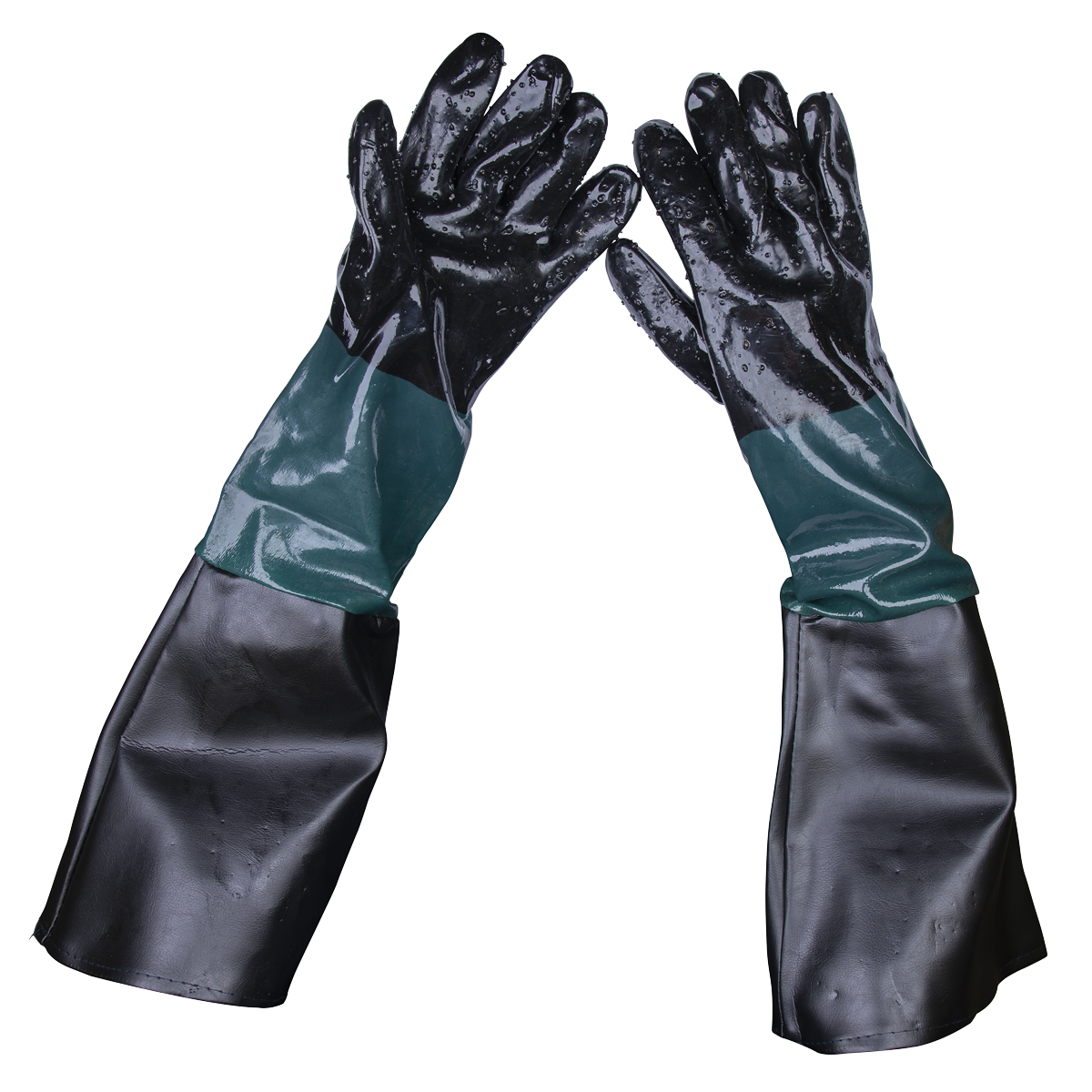 The Sealey Shot Blasting Gauntlets 585mm Cuffed Pair - SSP41, a pair of black and green extended cuff chemical-resistant gloves, are ideal for shot blasters and held up with the fingers touching at the tips.