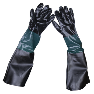 The Sealey Shot Blasting Gauntlets 585mm Cuffed Pair - SSP41, a pair of black and green extended cuff chemical-resistant gloves, are ideal for shot blasters and held up with the fingers touching at the tips.