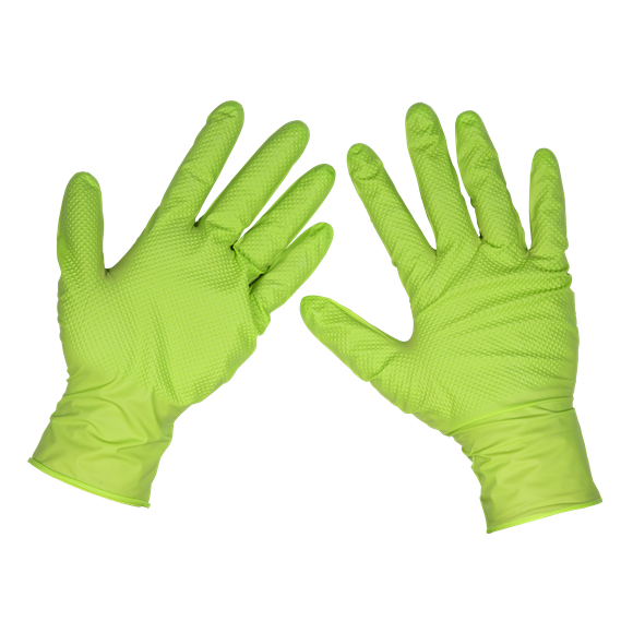 Sealey | Diamond Grip Extra-Thick Nitrile Powder-Free Gloves, Hi-Vis Green, Large - Pack of 50 - SSP54L