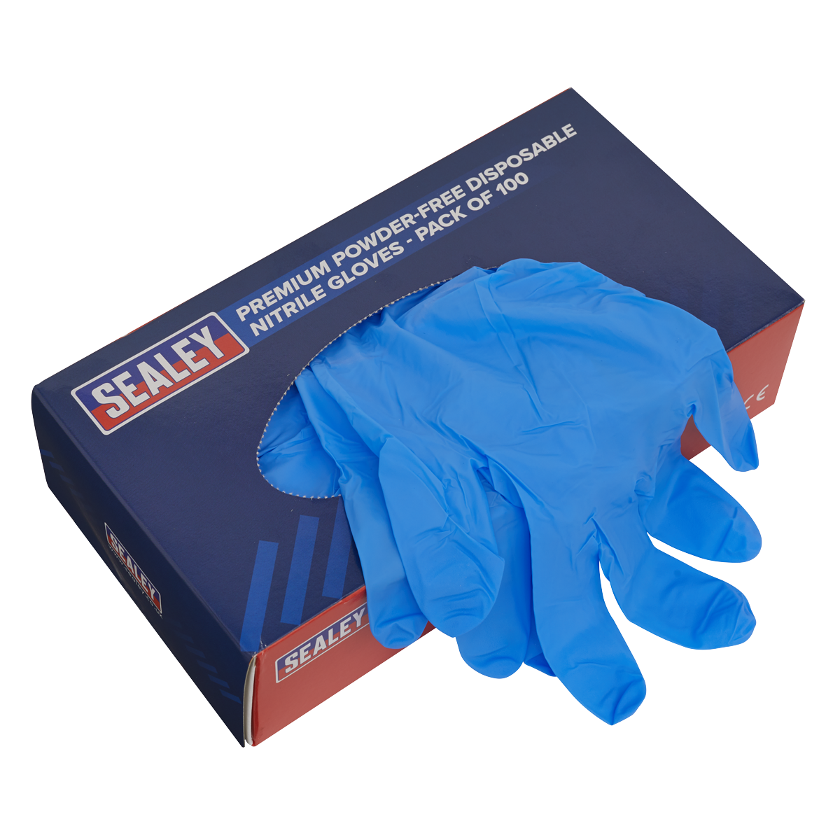 A box of Sealey Premium Powder-Free Disposable Nitrile Gloves Extra-Large Pack of 100 (SSP55XL) with an open front showing blue gloves partially pulled out, offering a high degree of protection.