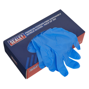 A box of Sealey Premium Powder-Free Disposable Nitrile Gloves Extra-Large Pack of 100 (SSP55XL) with an open front showing blue gloves partially pulled out, offering a high degree of protection.