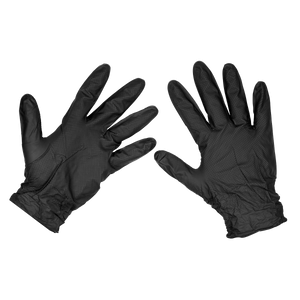 Sealey Black Diamond Grip Extra-Thick Nitrile Powder-Free Gloves Large - Pack of 50 (SSP57L) are shown with palms facing down, crafted from extra-thick nitrile for added durability and chemical resistance.