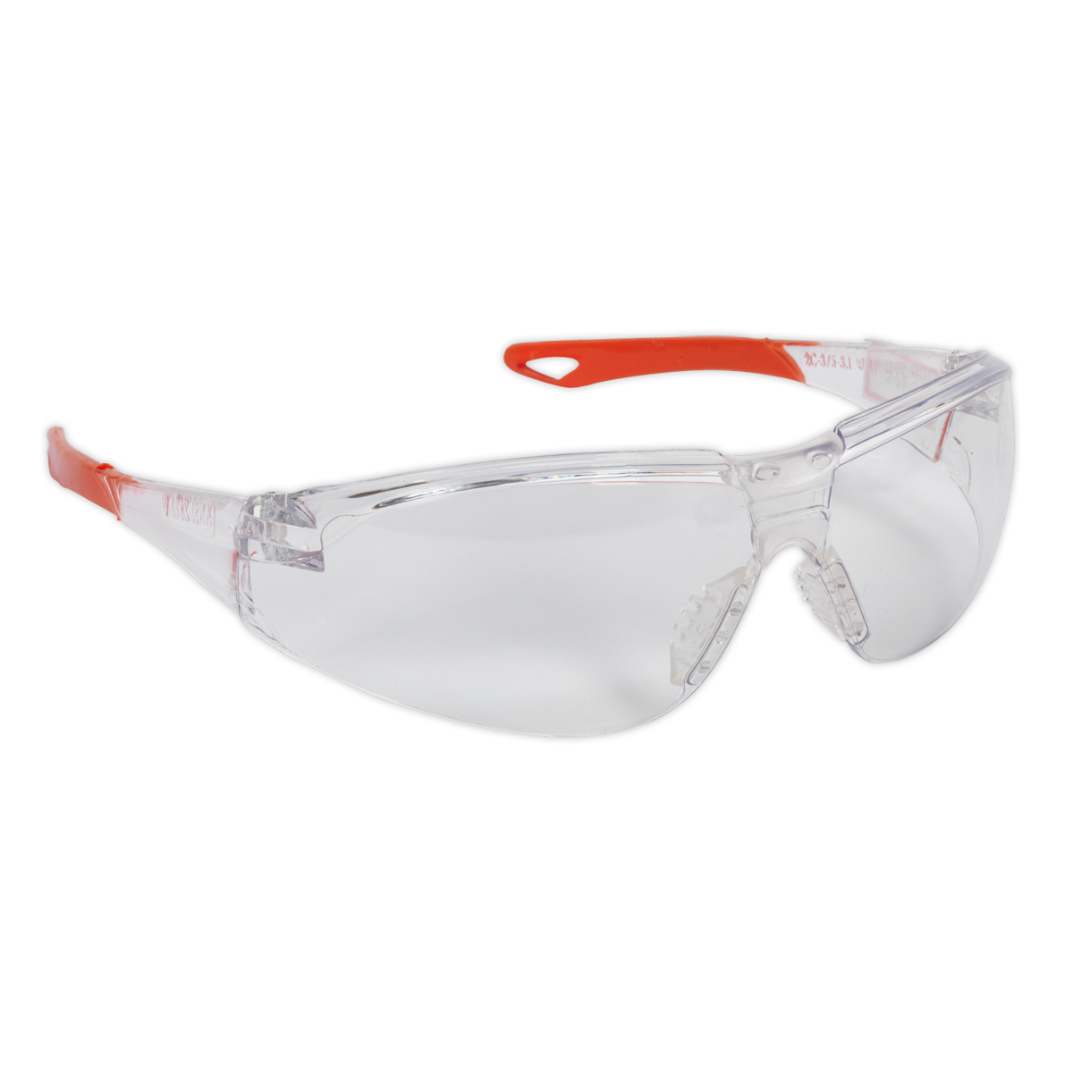 The Sealey Safety Spectacles - Clear Lens - SSP61, featuring red temple arms, durable polycarbonate lenses, and meeting CE standards for maximum protection.