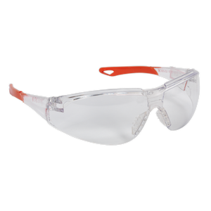 The Sealey Safety Spectacles - Clear Lens - SSP61, featuring red temple arms, durable polycarbonate lenses, and meeting CE standards for maximum protection.