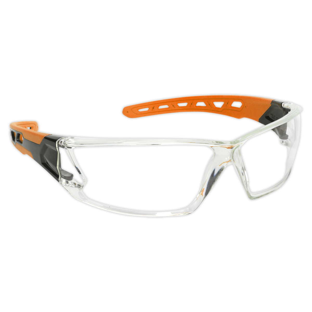 Sealey Safety Spectacles SSP66 feature clear polycarbonate anti-scratch lenses with a lightweight wraparound design and an adjustable orange and black strap.