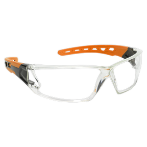 Sealey Safety Spectacles SSP66 feature clear polycarbonate anti-scratch lenses with a lightweight wraparound design and an adjustable orange and black strap.