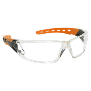 Sealey Safety Spectacles SSP66 feature clear polycarbonate anti-scratch lenses with a lightweight wraparound design and an adjustable orange and black strap.