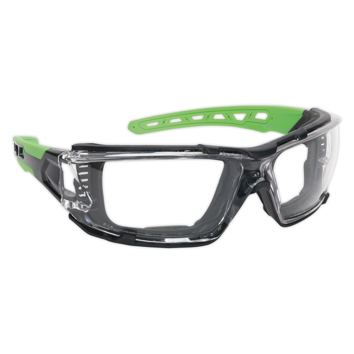 The Sealey Safety Spectacles with EVA Foam Lining (SSP68) feature a clear polycarbonate anti-scratch lens, a snug fit that meets CE standards, and a modern wraparound design with a black and green frame.