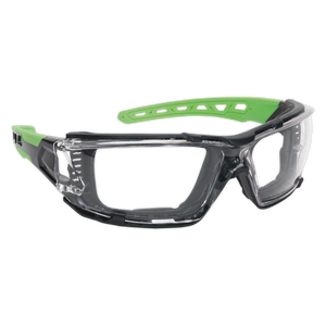 The Sealey Safety Spectacles with EVA Foam Lining (SSP68) feature a clear polycarbonate anti-scratch lens, a snug fit that meets CE standards, and a modern wraparound design with a black and green frame.