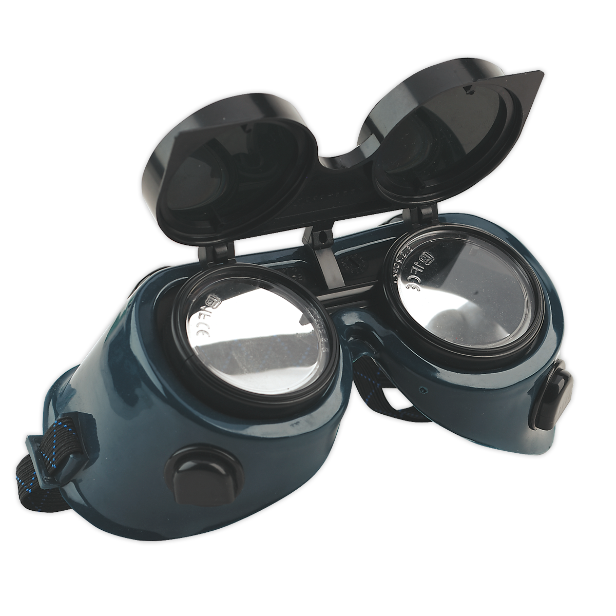 A pair of Sealey Gas Welding Goggles with Flip-Up Lenses - SSP6, featuring adjustable straps and Shade 5 flip-up lenses for enhanced safety in a black, steampunk-style design.