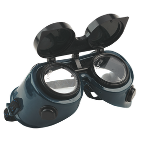 A pair of Sealey Gas Welding Goggles with Flip-Up Lenses - SSP6, featuring adjustable straps and Shade 5 flip-up lenses for enhanced safety in a black, steampunk-style design.