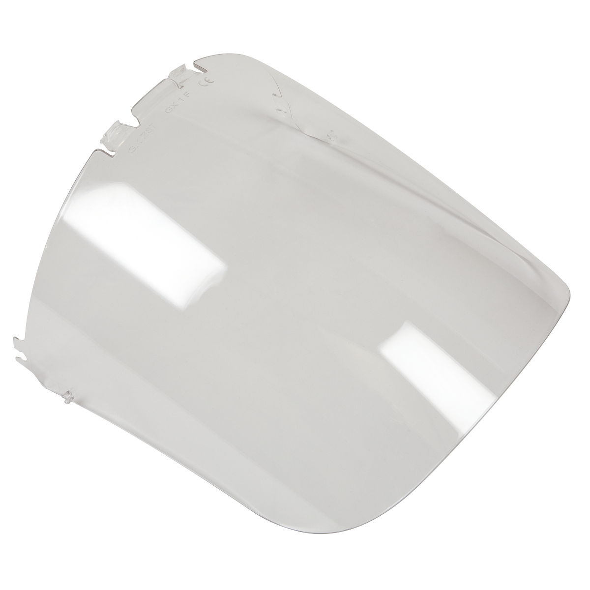 A clear, curved plastic face shield, Replacement Visor for SSP78.V2 - SSP78.V2R by Sealey, with attachment points along the top edge. The full face shield is shown against a white background, highlighting its transparency and smooth surface.