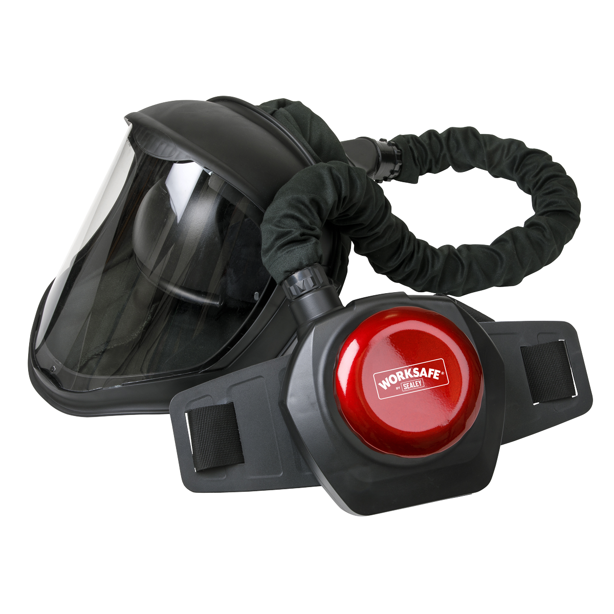 The Sealey Face Shield with Powered Air Purifying Respirator (PAPR) - SSP80PAPR, a black and red WorkSafe respirator helmet, features adjustable airflow settings, an attached hose, belt, and HEPA filter.