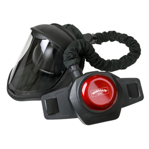 The Sealey Face Shield with Powered Air Purifying Respirator (PAPR) - SSP80PAPR, a black and red WorkSafe respirator helmet, features adjustable airflow settings, an attached hose, belt, and HEPA filter.