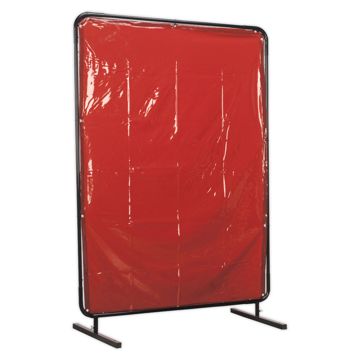 The Sealey Workshop Welding Curtain to EN ISO 25980:2014 & Frame 1.3 x 1.75m - SSP99, featuring an amber screen with a black metal frame and standing on two flat bases, ensures safety against welding and cutting hazards.