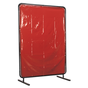 The Sealey Workshop Welding Curtain to EN ISO 25980:2014 & Frame 1.3 x 1.75m - SSP99, featuring an amber screen with a black metal frame and standing on two flat bases, ensures safety against welding and cutting hazards.
