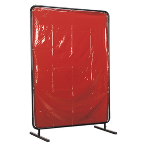 The Sealey Workshop Welding Curtain to EN ISO 25980:2014 & Frame 1.3 x 1.75m - SSP99, featuring an amber screen with a black metal frame and standing on two flat bases, ensures safety against welding and cutting hazards.