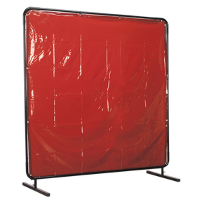 The Sealey Workshop Welding Curtain to EN ISO 25980:2014 & Frame 1.8 x 1.75m - SSP992 stands upright with its large amber screen and metal frame, featuring two sturdy legs for support to provide effective glare protection in compliance with EN ISO 25980:2014 standards.
