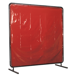 The Sealey Workshop Welding Curtain to EN ISO 25980:2014 & Frame 1.8 x 1.75m - SSP992 stands upright with its large amber screen and metal frame, featuring two sturdy legs for support to provide effective glare protection in compliance with EN ISO 25980:2014 standards.
