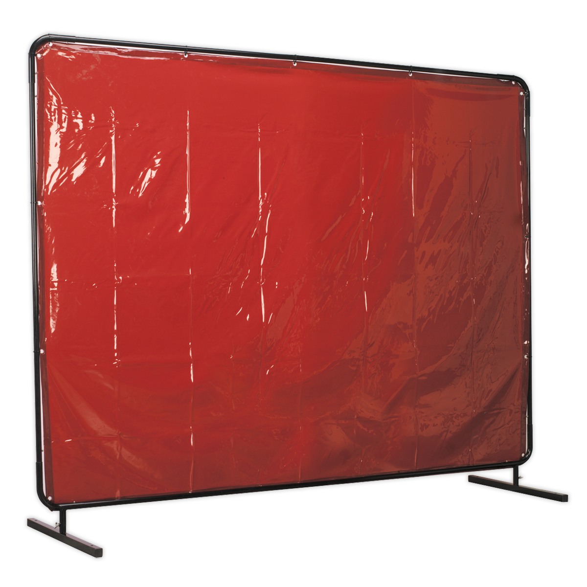 The Sealey Workshop Welding Curtain to EN ISO 25980:2014 & Frame, model SSP993, features an amber curtain encased in a sturdy black metal frame, standing securely on a flat surface and effectively reducing glare from welding.