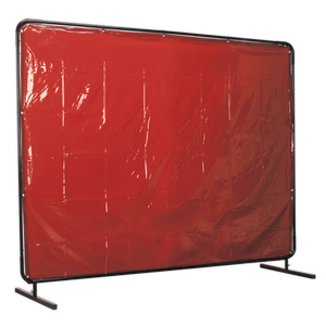 The Sealey Workshop Welding Curtain to EN ISO 25980:2014 & Frame, model SSP993, features an amber curtain encased in a sturdy black metal frame, standing securely on a flat surface and effectively reducing glare from welding.