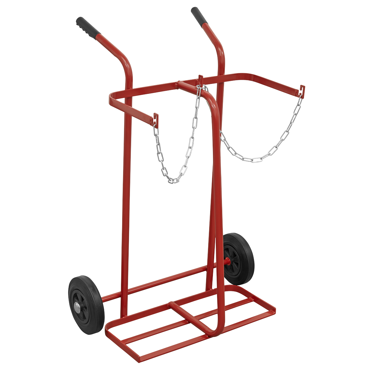 The Sealey Welding Bottle Trolley - 2 Bottle - ST28/B is a red metal cylinder cart featuring large wheels, a supporting platform, two handles, and a securing chain, designed specifically for transporting heavy cylinders. Its lightweight tubular steel frame ensures ease of movement.