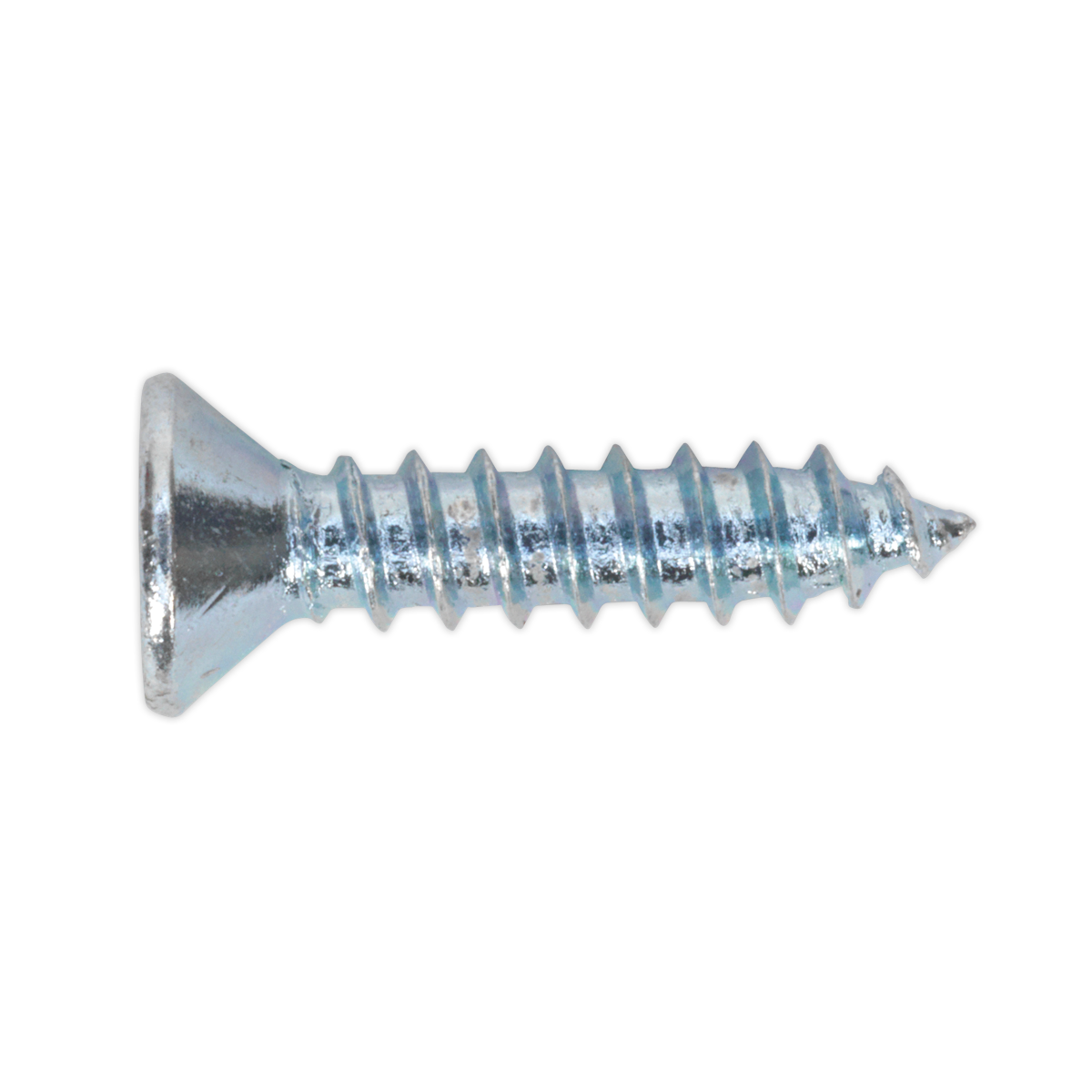 A close-up view of the Sealey Self Tapping Screw 3.5 x 16mm Countersunk Pozi (Pack of 100 - ST3516), showcasing its silver-colored metal build with a flat head and threaded shaft, conforming to DIN 7982 standards.