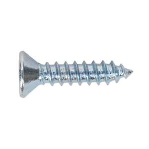 A close-up view of the Sealey Self Tapping Screw 3.5 x 16mm Countersunk Pozi (Pack of 100 - ST3516), showcasing its silver-colored metal build with a flat head and threaded shaft, conforming to DIN 7982 standards.