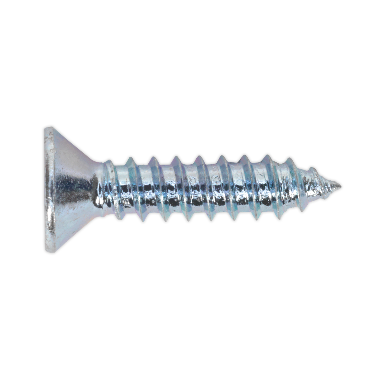 A close-up image of the Sealey Self Tapping Screw 4.2 x 19mm Countersunk Pozi, featuring a sharp tip and threaded body, ideal for applications requiring self-tapping screws. Pack of 100 - ST4219.