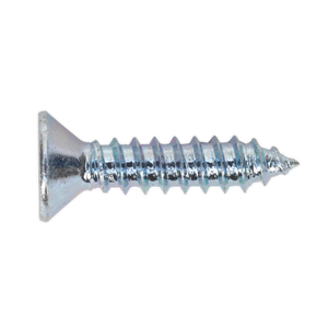 A close-up image of the Sealey Self Tapping Screw 4.2 x 19mm Countersunk Pozi, featuring a sharp tip and threaded body, ideal for applications requiring self-tapping screws. Pack of 100 - ST4219.