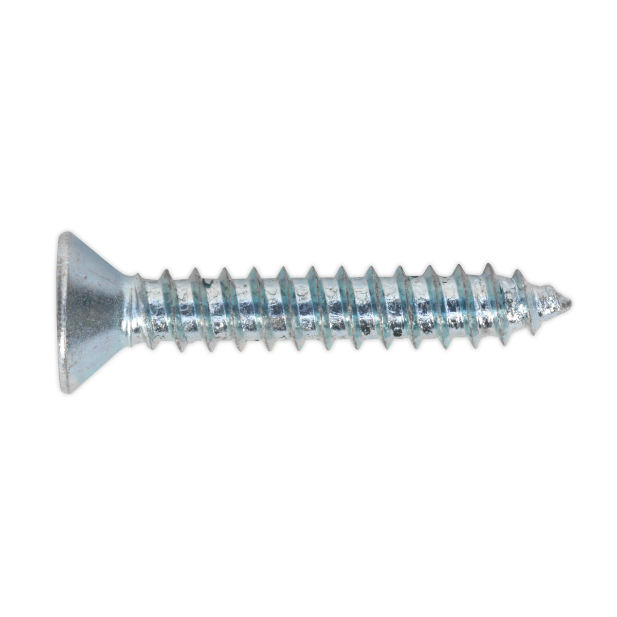 A close-up image of a single Sealey Self Tapping Screw 4.2 x 25mm, featuring a pointed end, threaded body, and Pozi head, conforming to DIN 7982.