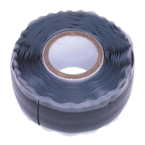 Introducing the Sealey Silicone Repair Tape 5m Black - ST5B: a neatly coiled roll of black electrical tape with a transparent outer layer. Made from self-fusing silicone, this tape features scalloped edges and a central cardboard core, making it perfect for corrosion prevention.