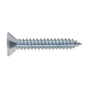 The Sealey Self Tapping Screw 6.3 x 38mm Countersunk Pozi (Pack of 100, ST6338), conforming to DIN 7982, with a flat head and threaded body is shown against a white background.