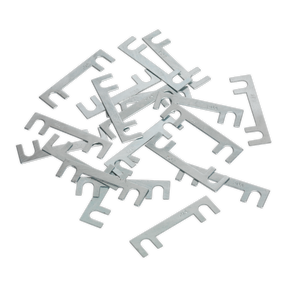 A collection of metal combs with four prongs each, arranged next to a Sealey Fuse 50Amp 40 x 10mm Pack of 20 - START180.F20, all displayed on a transparent background.