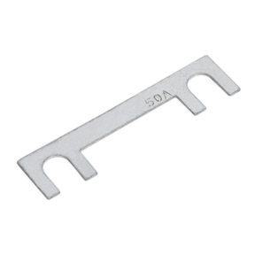 The Sealey Fuse 50Amp 40 x 10mm - START180.F features three open-ended slots labeled '50A', making it an ideal metal tool for working with a 50Amp fuse.