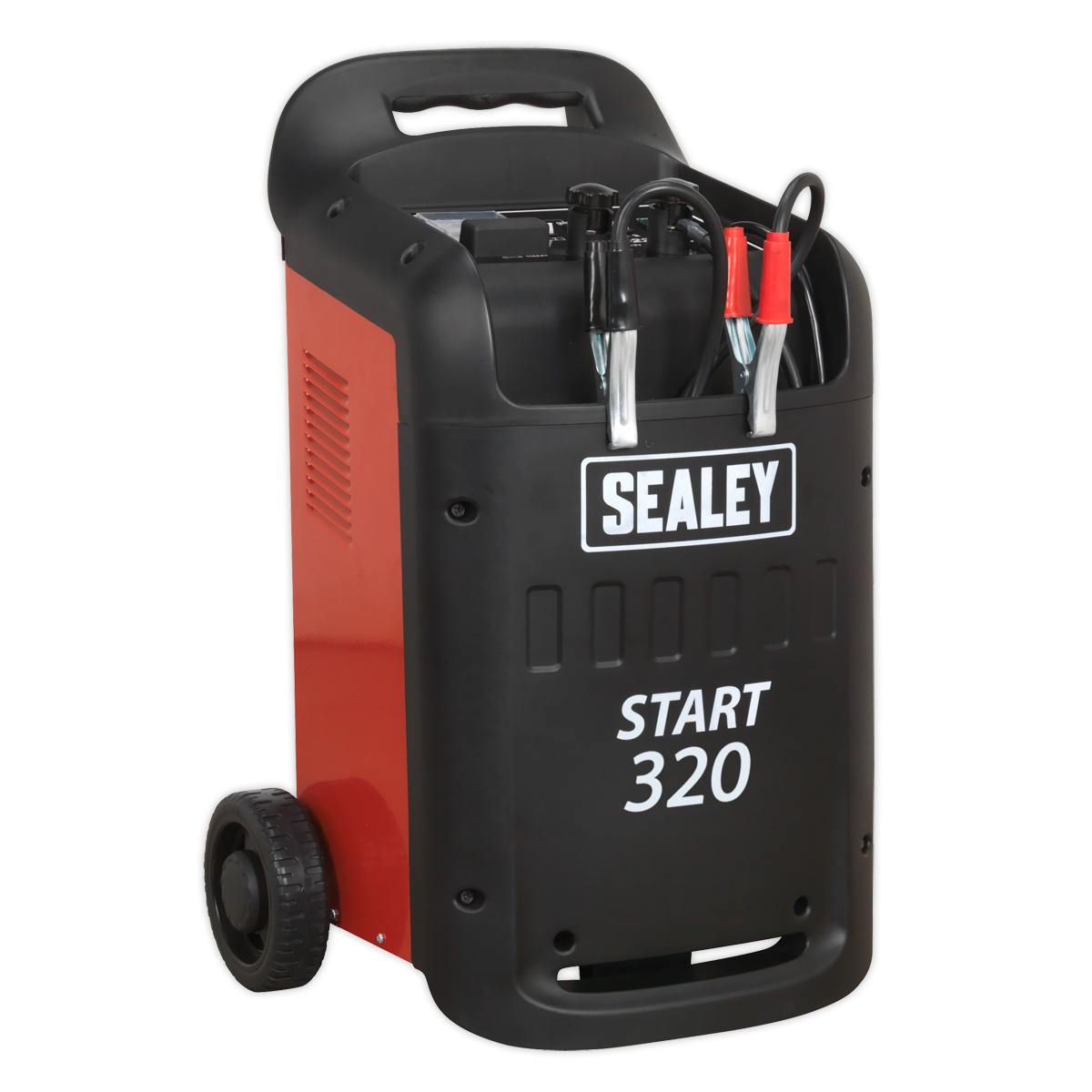 A red and black Sealey Starter/Charger 320/45Amp 12/24V 230V (model START320) with attached alligator clips, two wheels at the base, and a handle on top for portability; perfect for professional garages dealing with light commercial vehicles.