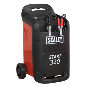 A red and black Sealey Starter/Charger 320/45Amp 12/24V 230V (model START320) with attached alligator clips, two wheels at the base, and a handle on top for portability; perfect for professional garages dealing with light commercial vehicles.