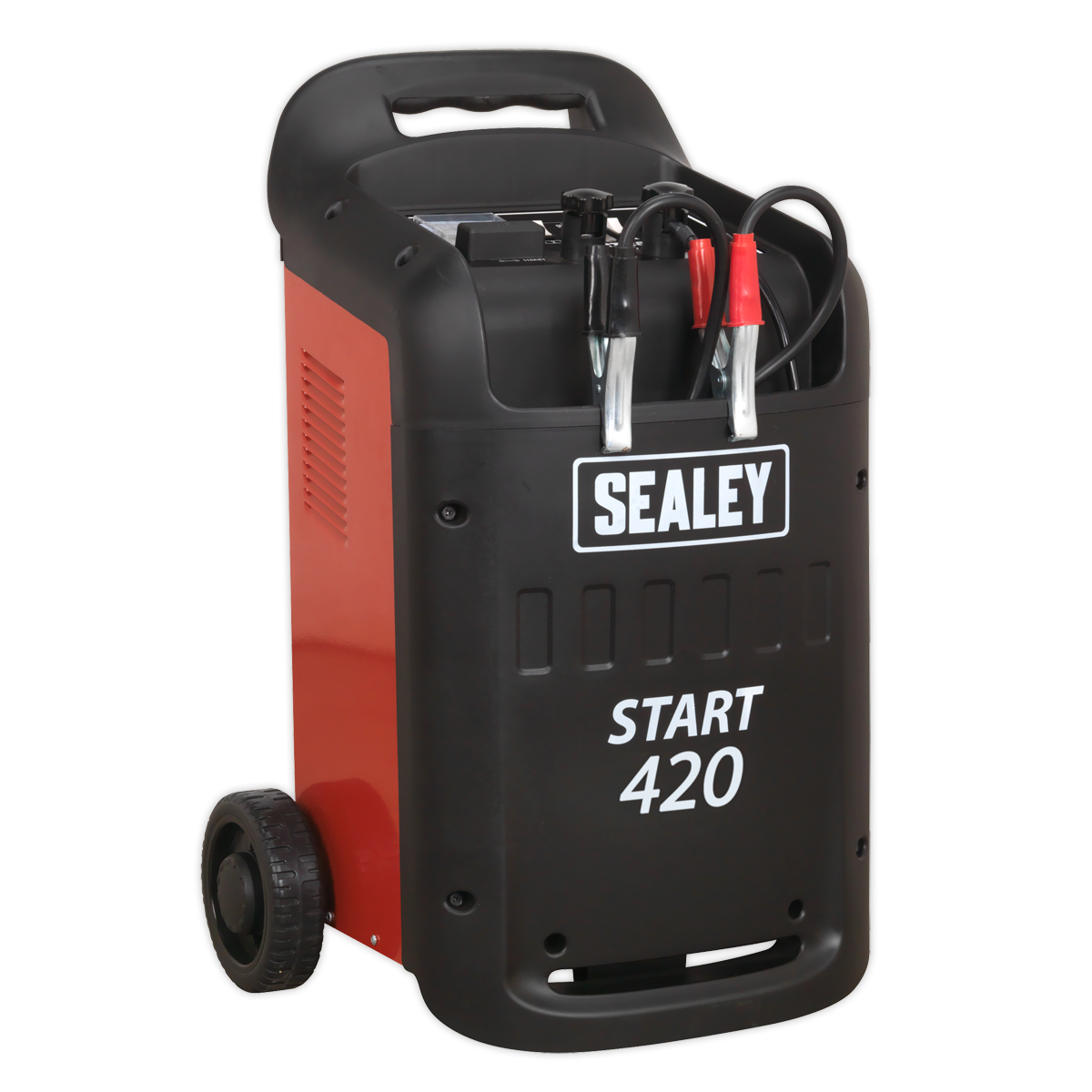 A red and black Sealey START420 heavy-duty starter/charger on wheels with attached cables and clips, delivering 420/60Amp and operating at 12/24V 230V, ideal for professional garages servicing light commercial vehicles.