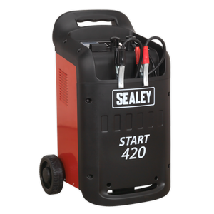 A red and black Sealey START420 heavy-duty starter/charger on wheels with attached cables and clips, delivering 420/60Amp and operating at 12/24V 230V, ideal for professional garages servicing light commercial vehicles.