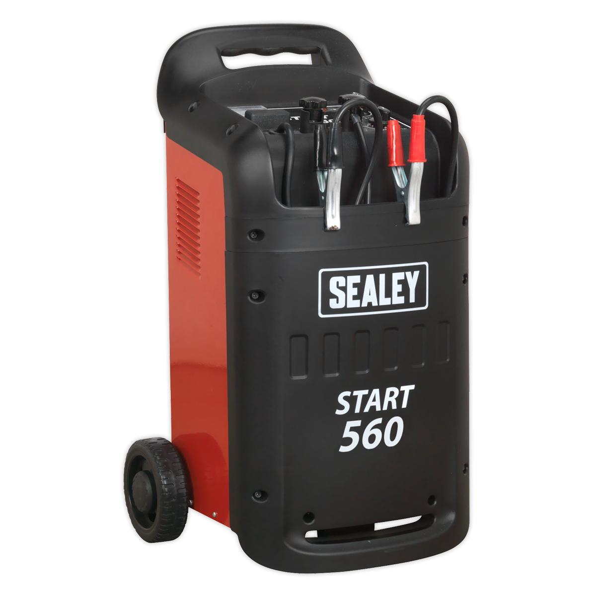 The Sealey START560 Starter/Charger 560/95A 12/24V 230V, a heavy-duty red and black battery starter/charger, perfect for professional garages with its wheels and handle, features attached jumper cables ideal for battery recovery.