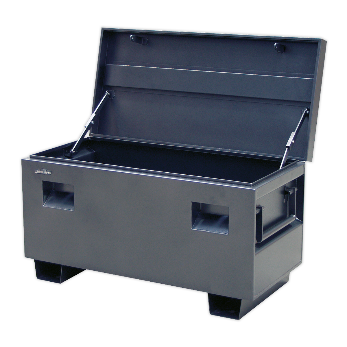 A large, black, rectangular metal storage chest known as the Sealey Truck Box 1065 x 510 x 595mm - STB02, featuring an open lid and heavy-duty handles on both sides, crafted from heavy gauge steel for secure storage.