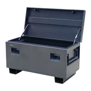 A large, black, rectangular metal storage chest known as the Sealey Truck Box 1065 x 510 x 595mm - STB02, featuring an open lid and heavy-duty handles on both sides, crafted from heavy gauge steel for secure storage.