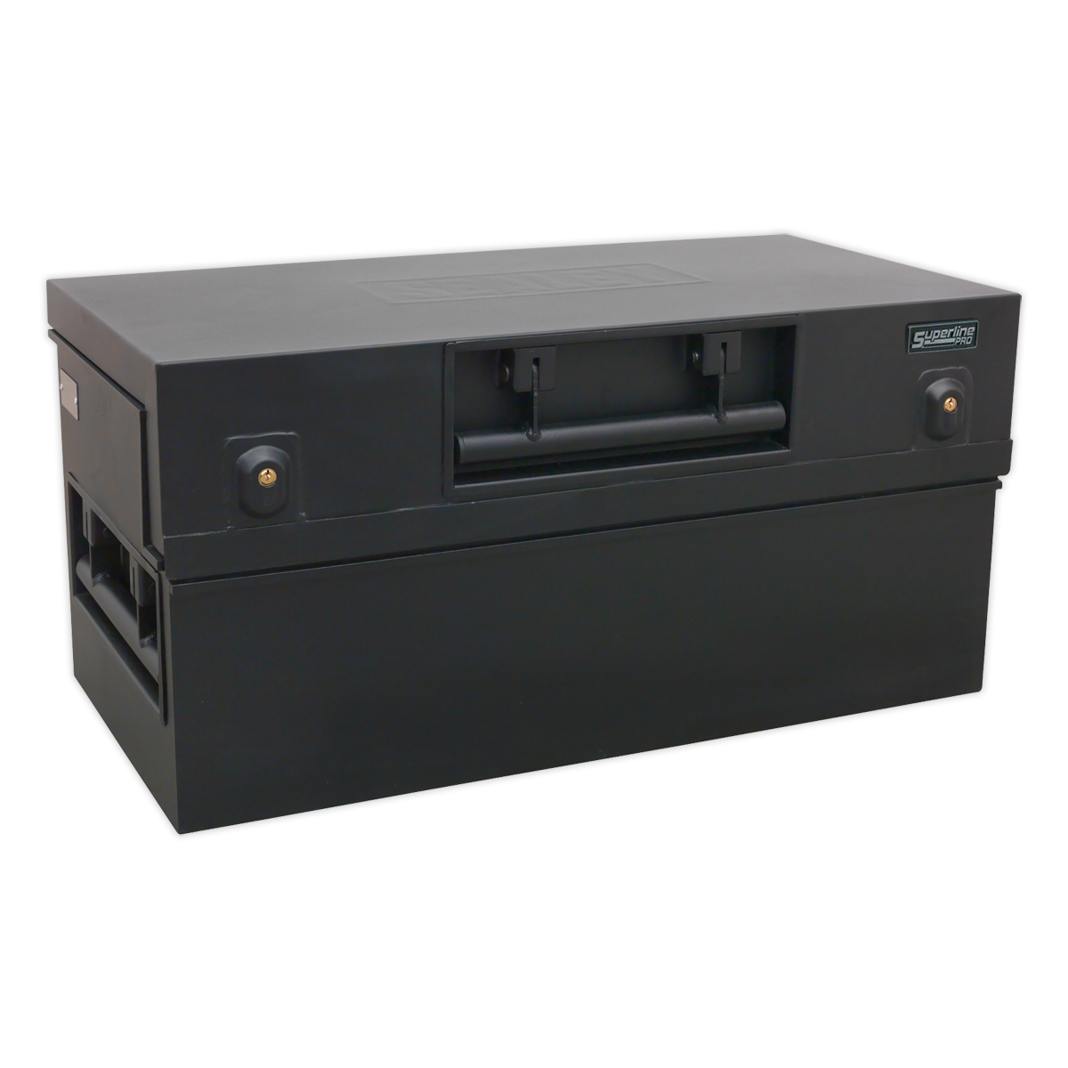 Introducing the Sealey Truck Box 935 x 470 x 450mm - STB06, a black toolbox with heavy-duty top handles and gold-colored locks on either side, featuring welded steel construction for secure storage.