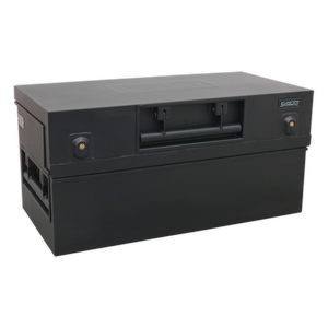 Introducing the Sealey Truck Box 935 x 470 x 450mm - STB06, a black toolbox with heavy-duty top handles and gold-colored locks on either side, featuring welded steel construction for secure storage.