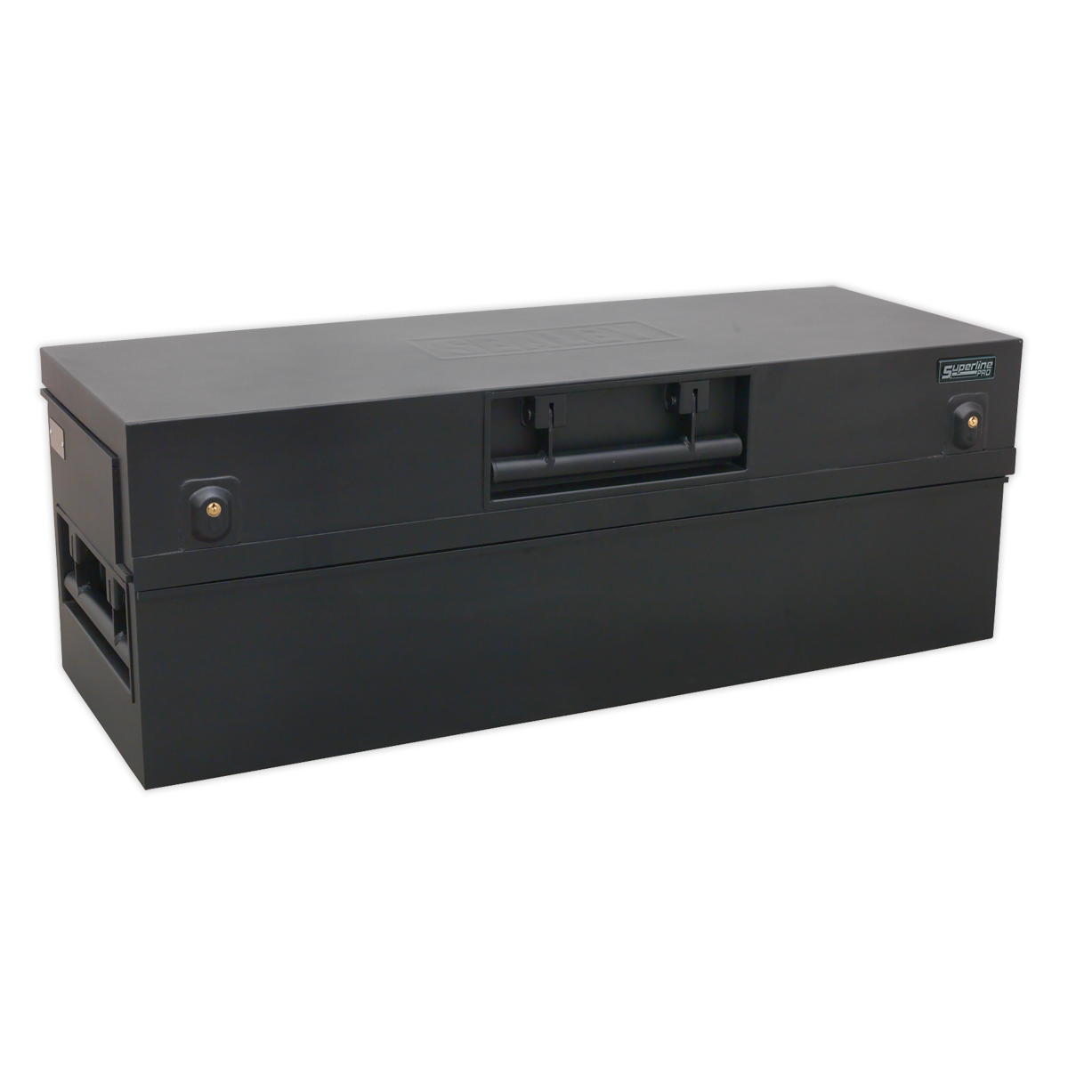 The Sealey Truck Box 1275 x 470 x 450mm - STB07 is a black rectangular heavy-duty storage box featuring a central handle, two side latches, and a nameplate on the top, making it ideal for secure tool storage.