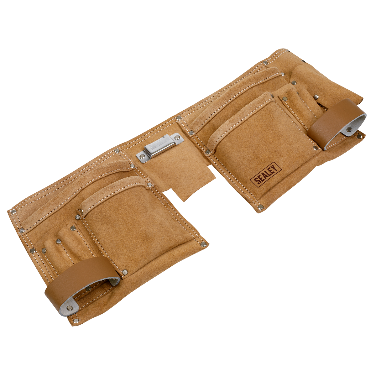 The Double Pouch Leather Tool Belt - STBL01 by Sealey, crafted from split leather and designed with multiple pockets and loops to hold various tools and accessories, features an adjustable belt for a custom fit. It is displayed lying flat on a white background.