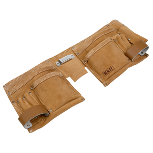 The Double Pouch Leather Tool Belt - STBL01 by Sealey, crafted from split leather and designed with multiple pockets and loops to hold various tools and accessories, features an adjustable belt for a custom fit. It is displayed lying flat on a white background.