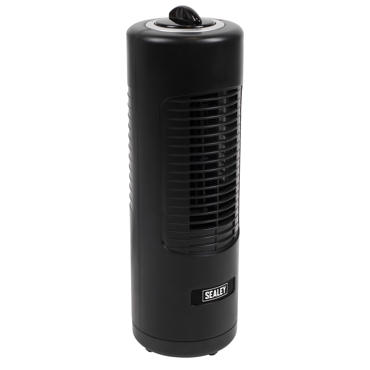 A sleek black Oscillating Desk Tower Fan 12" 230V - STF12C with horizontal vents and a top control knob, perfect for desktop use. Branded "Sealey" on the front, this portable tower fan offers 2-speed settings for optimal comfort.